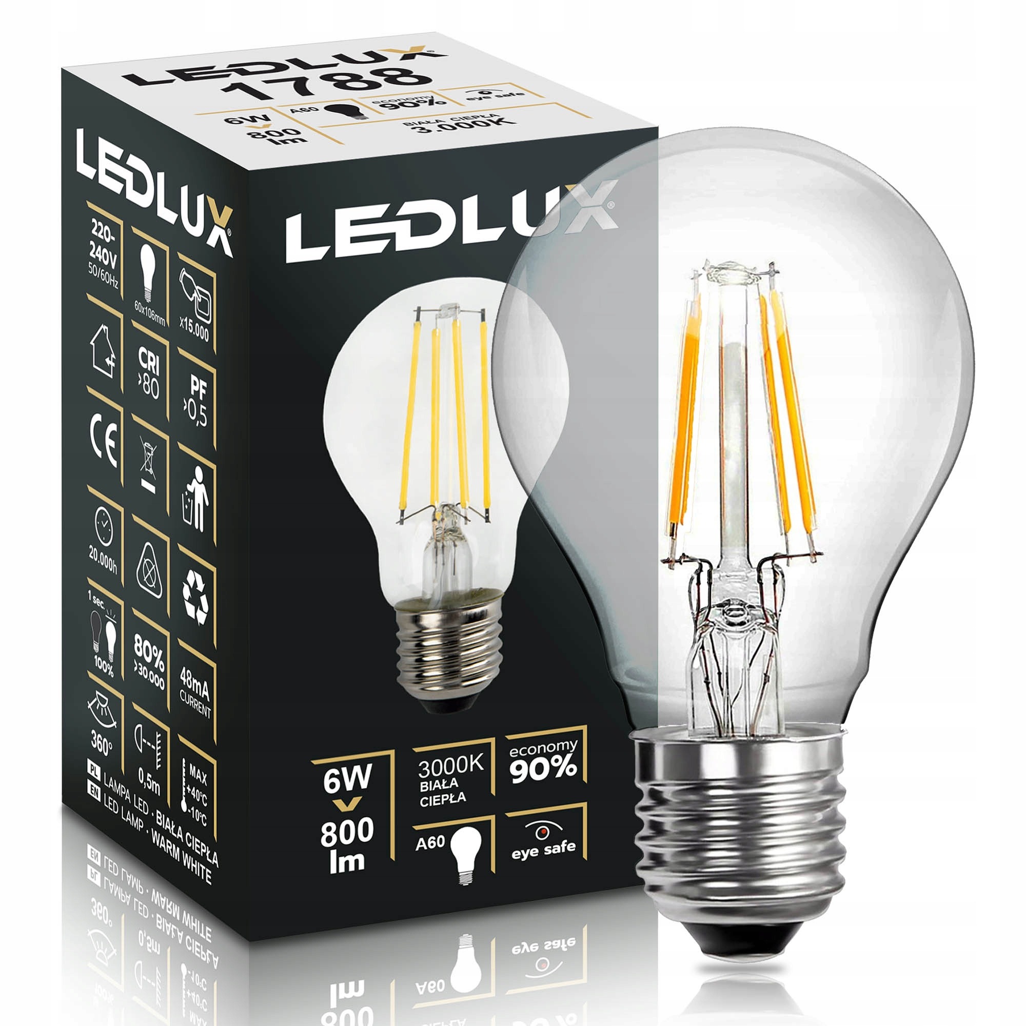 Żarówka LED E27 Filament 6W 3000K 800lm LEDLUX Premium
