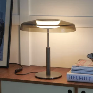 Oluce Lampa stołowa LED Dora, nikiel/dymnoszara, metal, PMMA