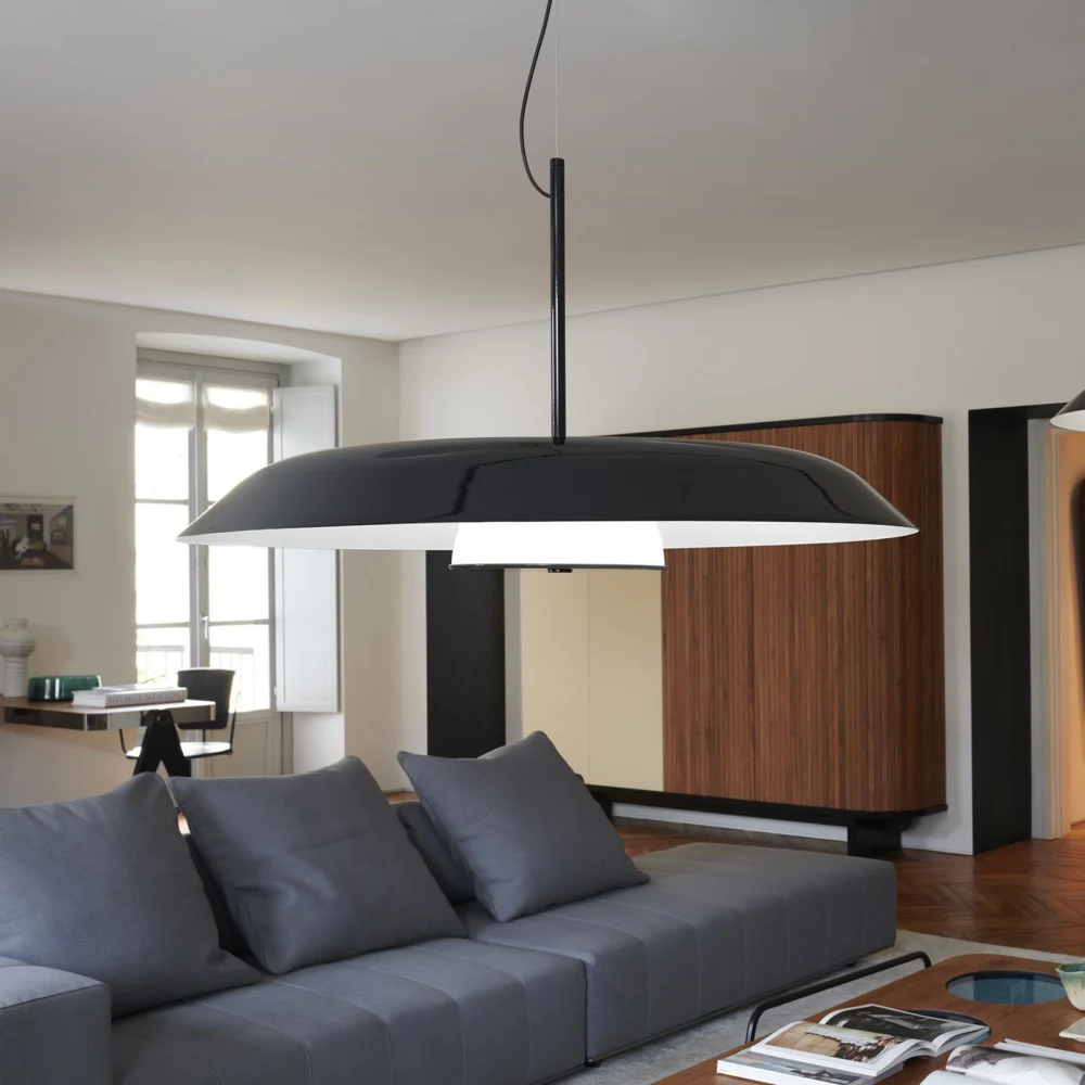 Oluce Żyrandol LED Iride, Ø 85 cm, czarny, metal, szkło