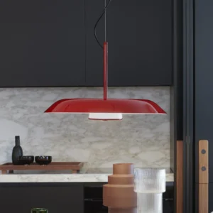 Oluce Żyrandol LED Iride, Ø 85 cm, czerwony, metal, szkło