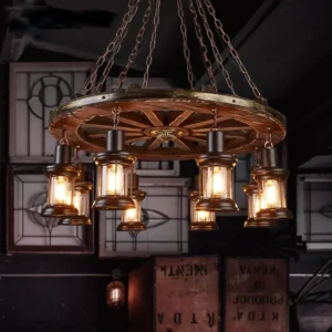 Lampa wisząca rustykalna z drewnianym kołem