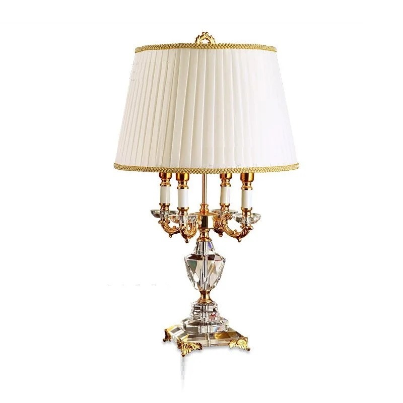 Kryształowa lampa stołowa z abażurem, 4x E14, wys. 73 cm 2 Lampa kryształowa ze złotymi ramionami i beżowym abażurem