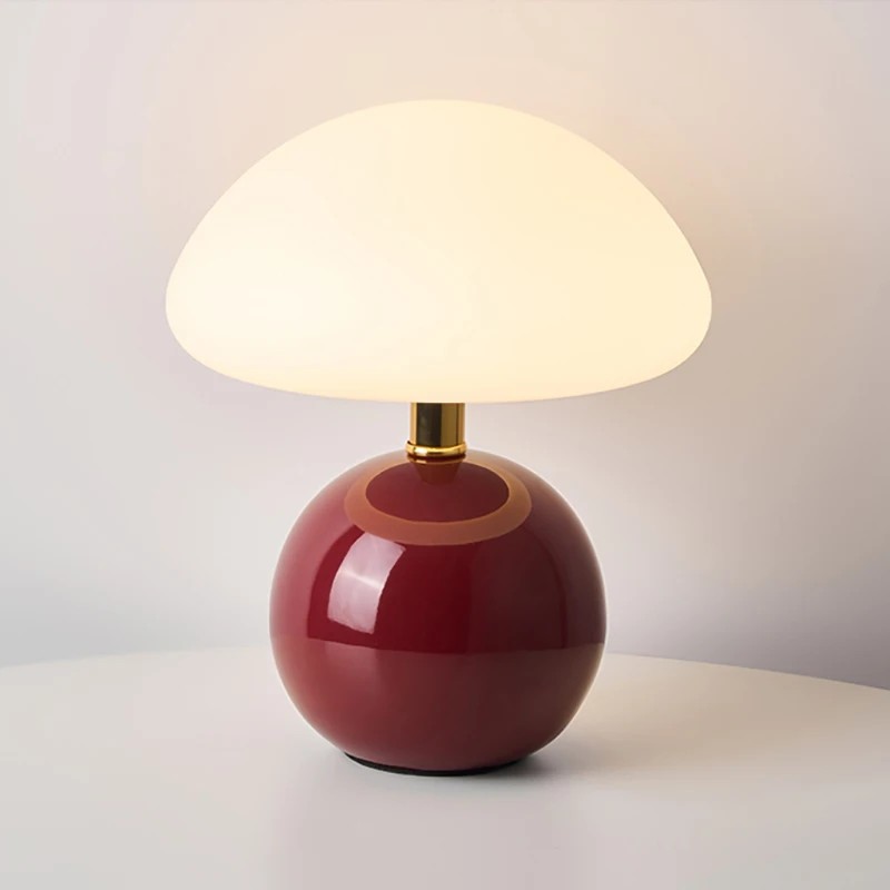 Lampa stołowa ceramiczna grzybek z kulistą podstawą, G9 3 Lampa grzybek z bordową podstawą