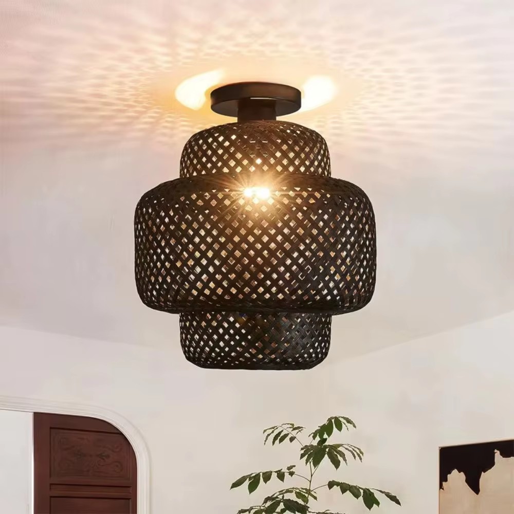 Lampa sufitowa bambusowa lampion, Ø30 cm, naturalna lub czarna, E27 3 Czarna bambusowa lampa pod sufitem