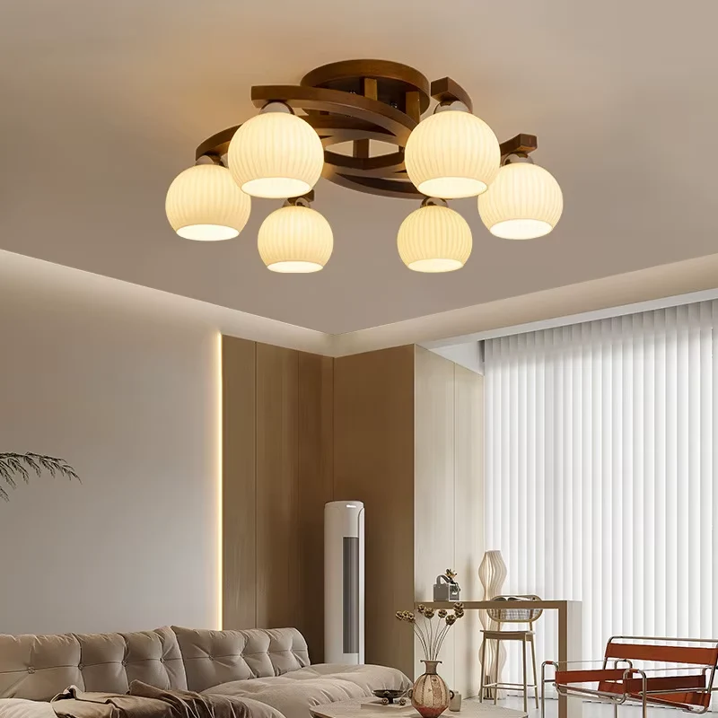 Lampa sufitowa z drewna orzechowego z mlecznymi kloszami, 3–6 kloszy 1 Lampa sufitowa z drewna orzechowego – zdjęcie 1