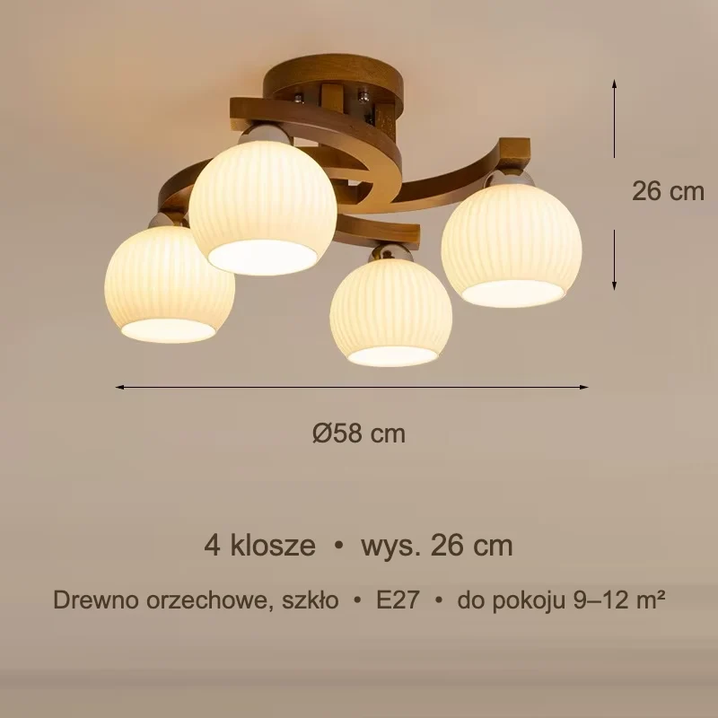 Lampa sufitowa z drewna orzechowego z mlecznymi kloszami, 3–6 kloszy 7 Lampa sufitowa z drewna orzechowego – zdjęcie 7