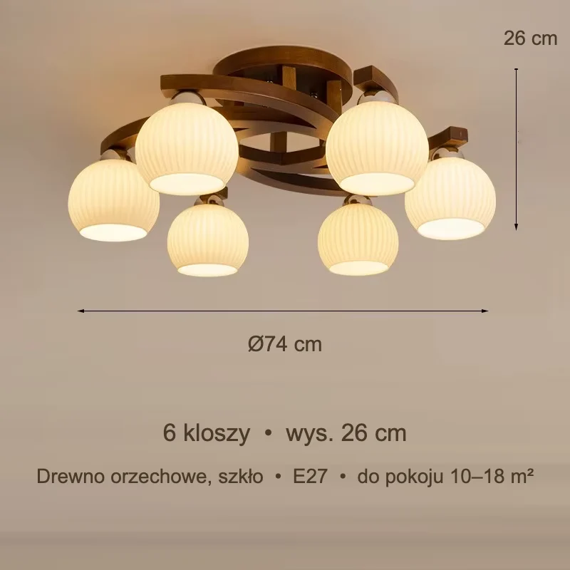 Lampa sufitowa z drewna orzechowego z mlecznymi kloszami, 3–6 kloszy 8 Lampa sufitowa z drewna orzechowego – zdjęcie 8