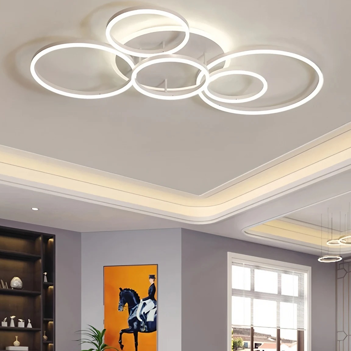 Lampa sufitowa geometryczna LED, 5 okręgów, 110 cm, z pilotem 3 Świecące okręgi lampy sufitowej pod sufitem podwieszanym