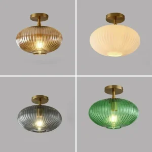 Lampa sufitowa z ryflowanego szkła na mosiężnym trzonku, Ø30 cm – zdjęcie 1