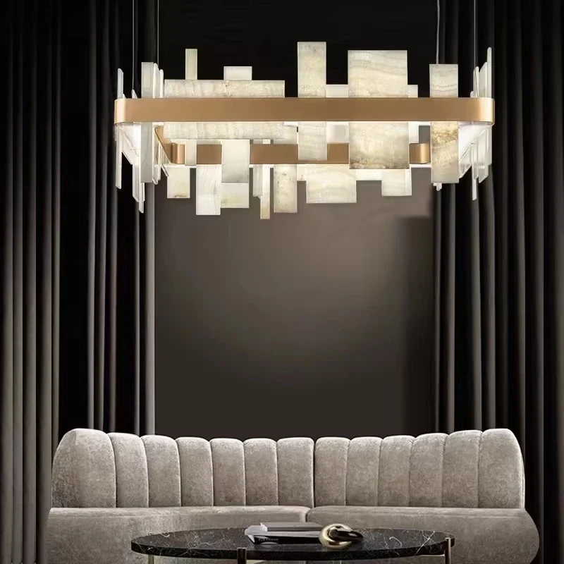 Lampa wisząca LED z marmurowymi płytkami 2 Lampa wisząca LED z marmurowymi płytkami - nad sofą w salonie