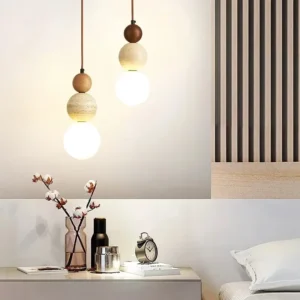 Lampa wisząca z orzechową kulą, trawertynem i mlecznym kloszem, wys. 23 cm – zdjęcie 1