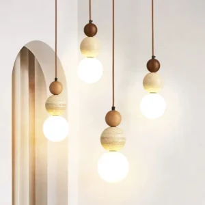 Lampa wisząca z orzechową kulą, trawertynem i mlecznym kloszem, wys. 23 cm – zdjęcie 2