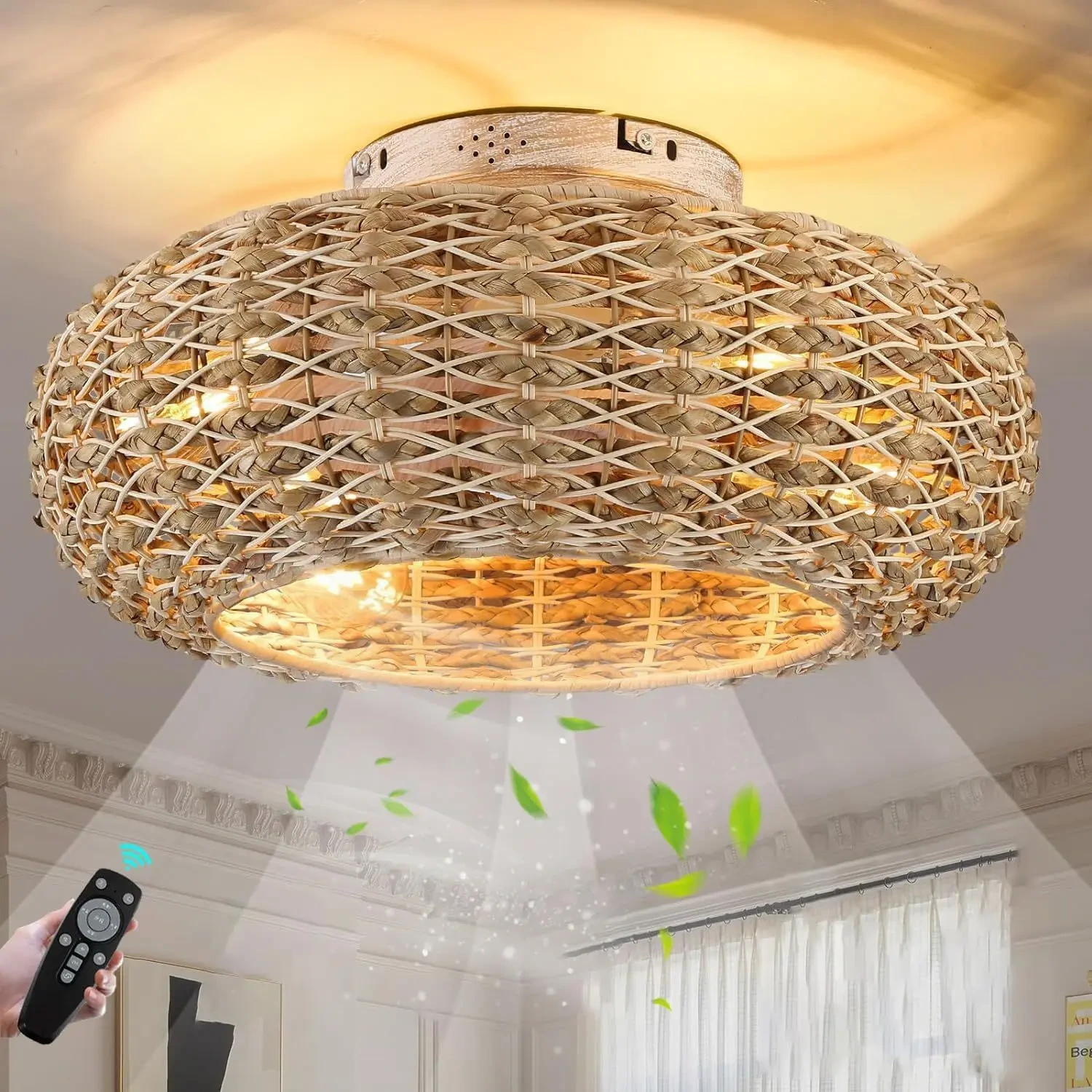 Wentylator sufitowy z lampą w plecionej obudowie z rattanu, Ø50 cm 2 Wentylator sufitowy z lampą w plecionej obudowie z rattanu, Ø50 cm – zdjęcie 2